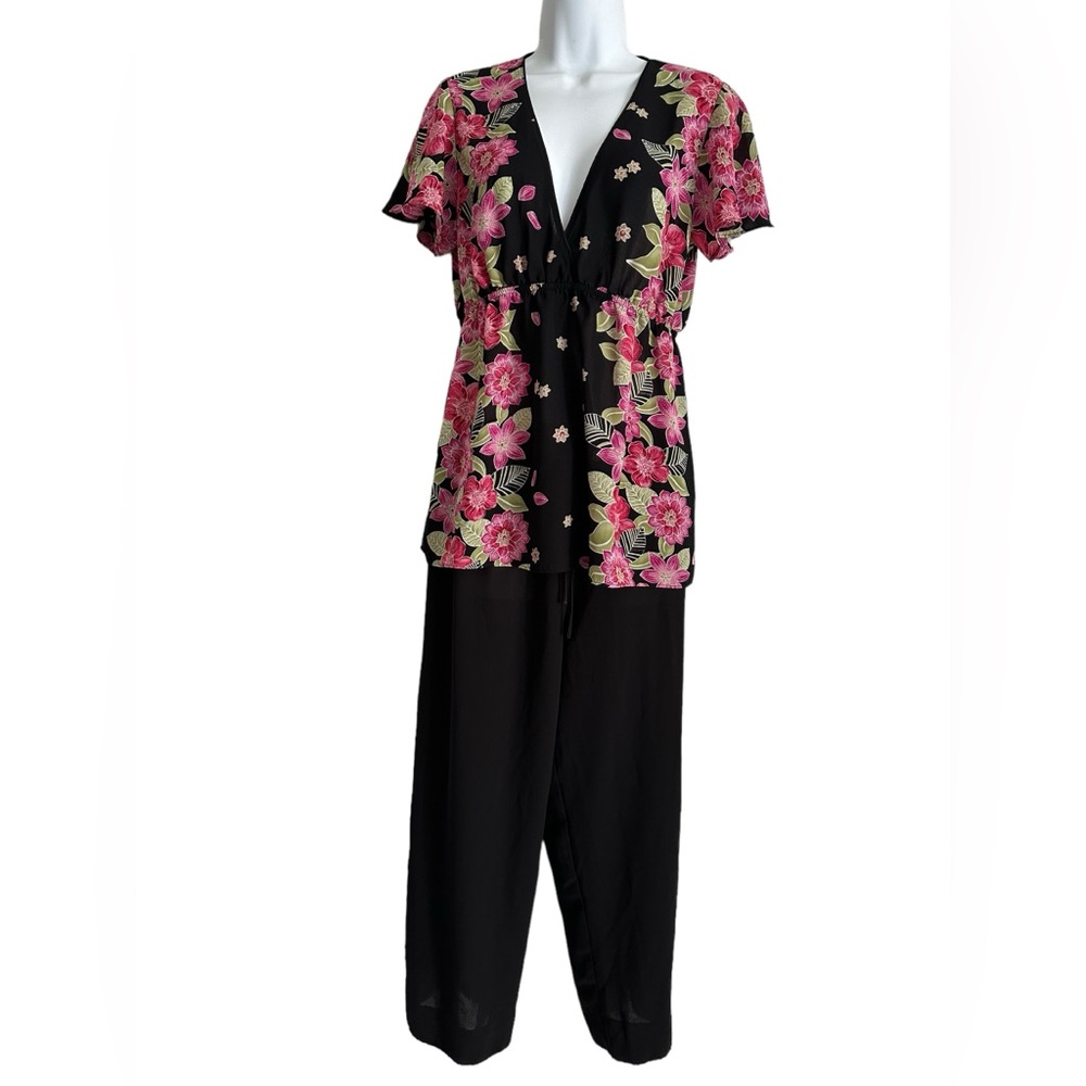 Oscar de la Renta Pink Label‎ Floral Silk Feel Top & Pants Set Black Floral M